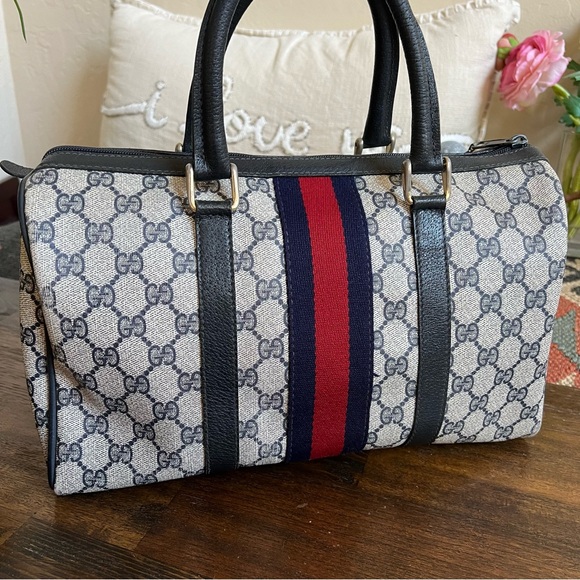 GUCCI Web Sherry Line Navy Boston Bag With Authenticity Cert - Picture 8 of 17